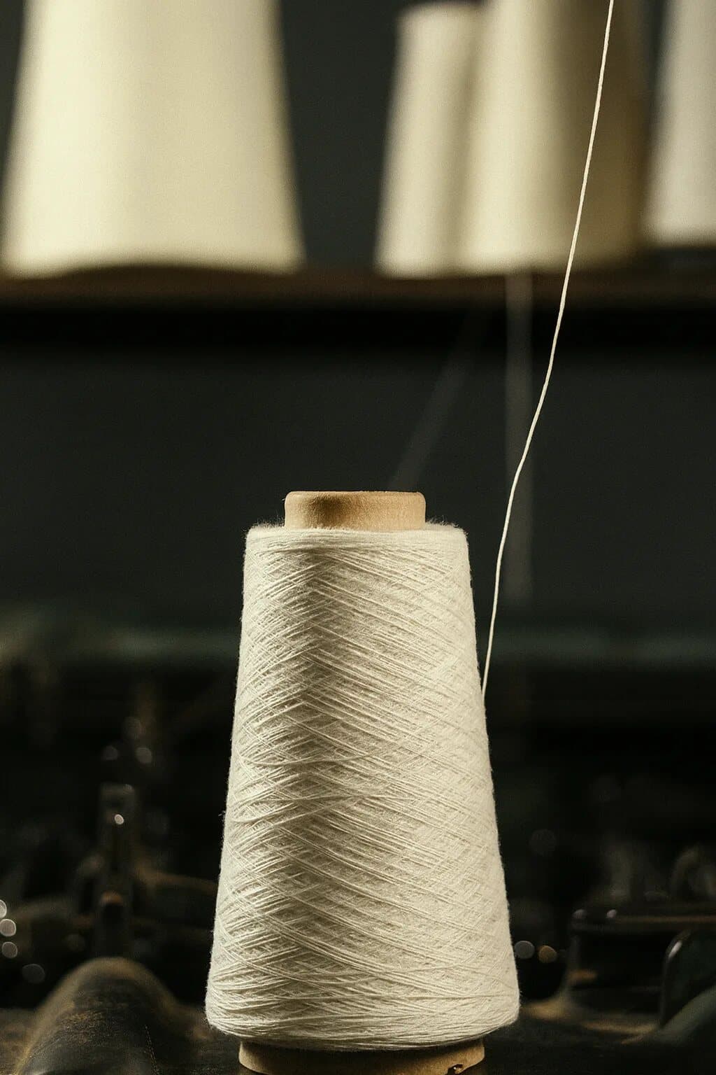 A cone of undyed cashmere yarn
